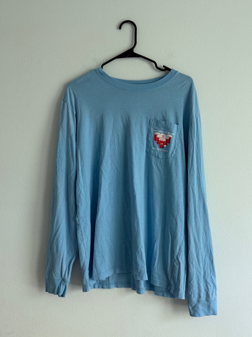 Southern Tide Light Blue Long-Sleeve Pocket Tee with Red Pocket Graphic